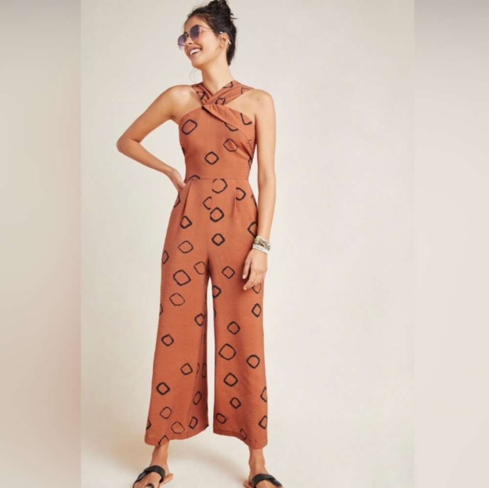 Eva Franco Rust Brown Printed Halter Jumpsuit